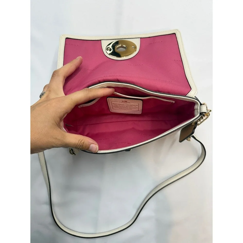 COACH New $250 Womens Leather White Pink Gold Fold Over 9x6.25x1.5 Crossbody Bag
